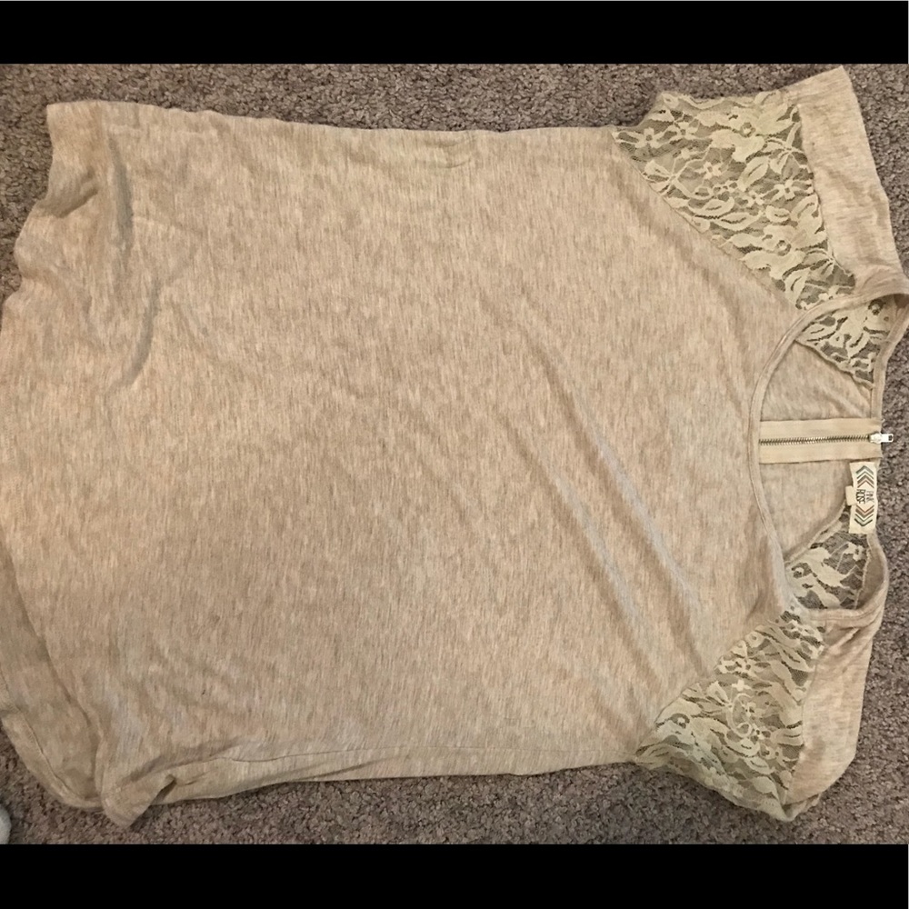 Tan Lace Sleeve T-Shirt